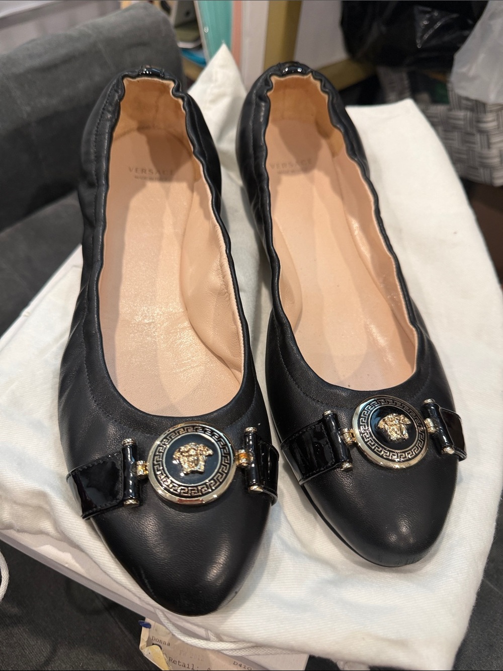 Women Versace Black Leather Medusa-Embellished Pointed Flats
